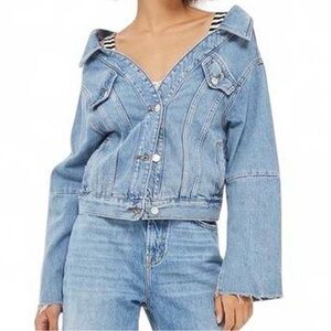 Topshop blue denim off the shoulder button up jacket